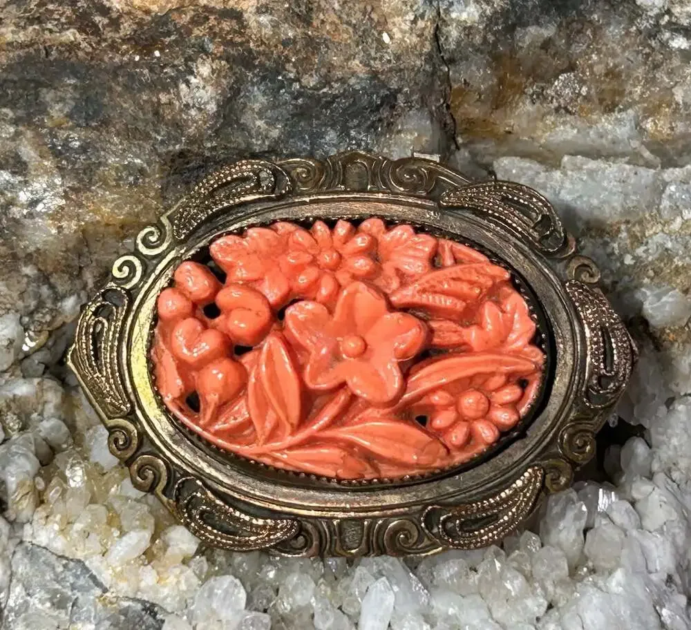 Vintage carved red coral ornate floral brass bronze brooch